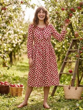 Vintage 80s Leslie Lucks Apple Print Midi Dress - Size 10